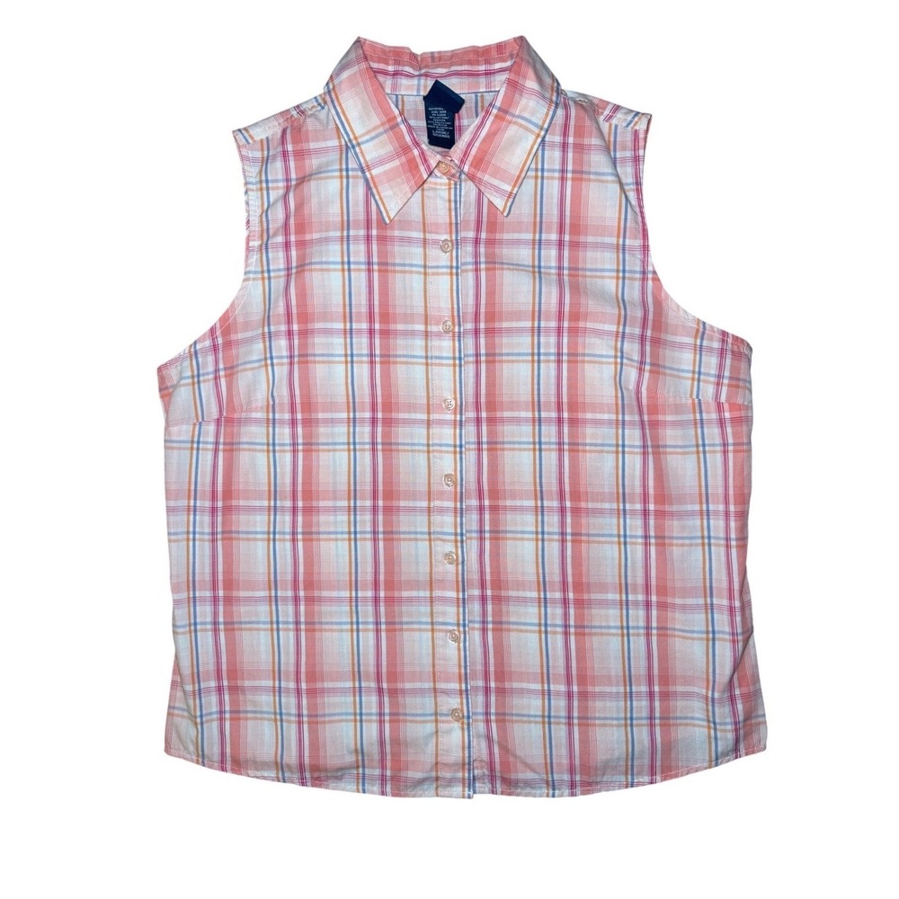 Basic Editions Plaid Button Down Women's Large Coral Orange Blue Sleeveless Top